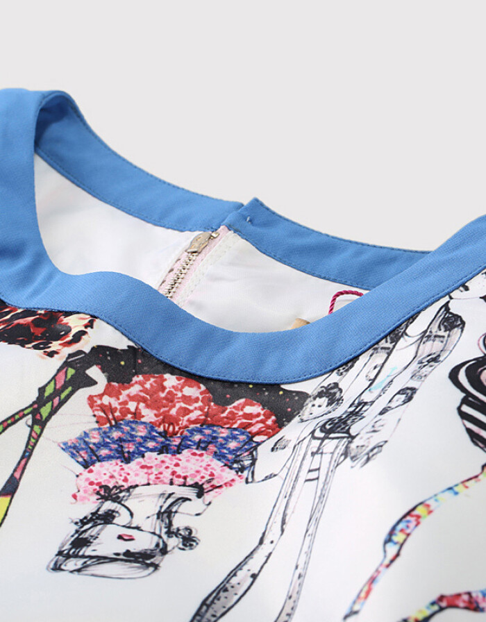 丹思露 2016新款時尚夏季專柜產(chǎn)品 甜美五分袖寬松圓領(lǐng)歐美印花連衣裙女短裙 黑色 XL